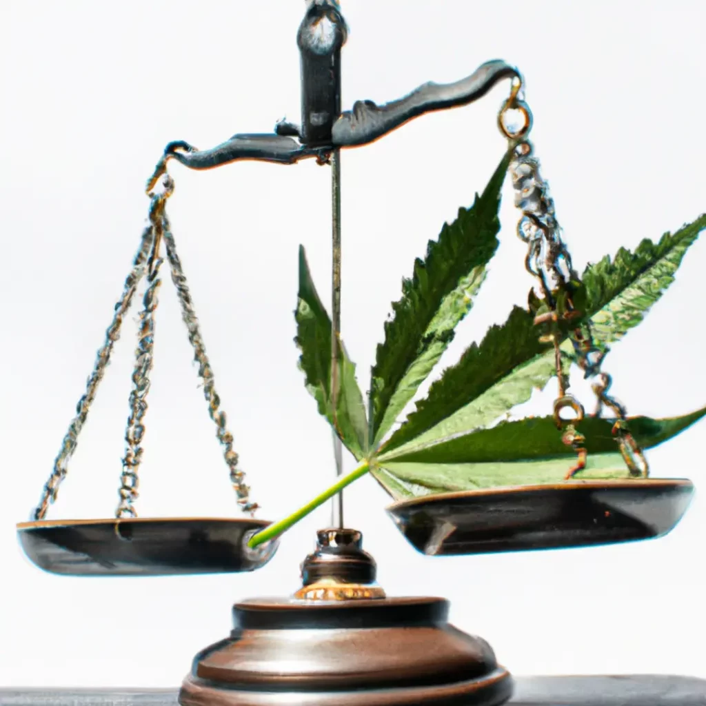 Cannabisblätter und juristische Skala symbolisieren die rechtliche Lage.