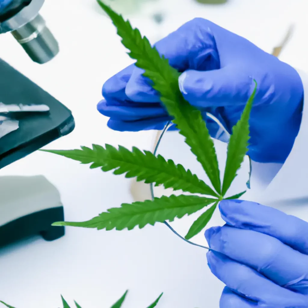 Wissenschaftler untersucht Cannabisblätter im Labor.