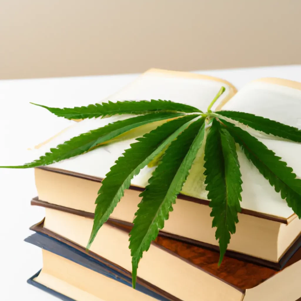 Cannabisblätter und Rechtsbücher auf einem Arzt-Schreibtisch.